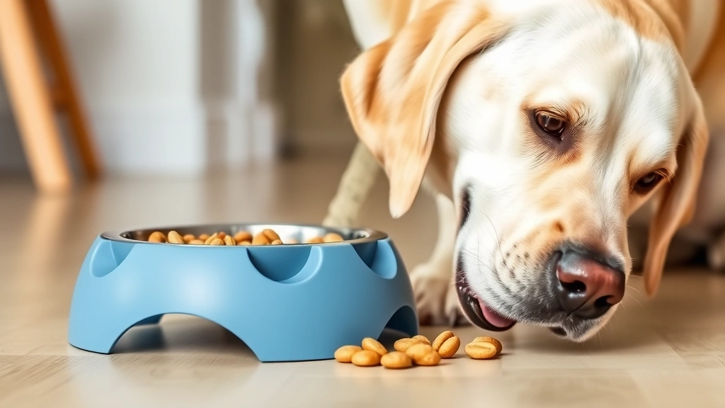 Labrador Retriever eating from a slow-feeder puzzle bowl filled with kibble, focused and engaged, indoor setting