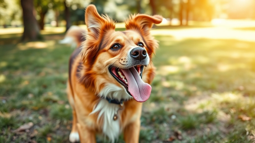 Happy dog with its tongue out playing fetch in a park, natural outdoor lighting, action shot, joy and vitality evident