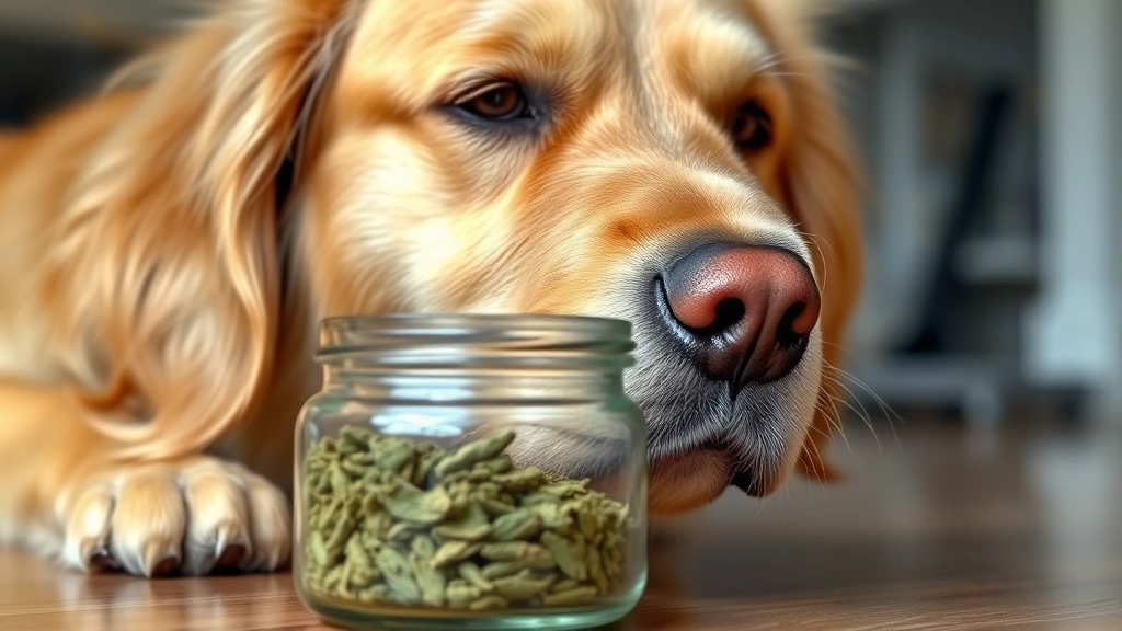 Golden retriever sniffing dried catnip in a glass jar, curious expression, indoor lighting, close-up of dog's face and jar
