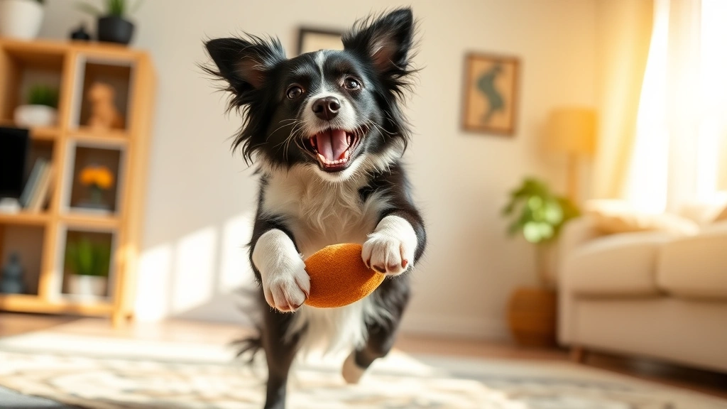 Playful black and white dog with catnip toy, mid-action jumping, sunny living room background, joyful body language
