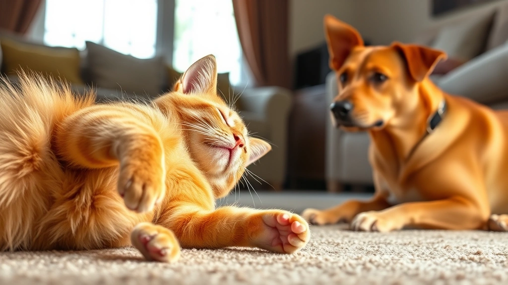 Orange tabby cat rolling in catnip while brown dog watches from distance, living room setting, natural window light, clear separation between pets