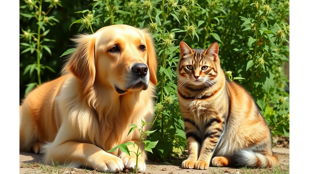 Golden retriever and tabby cat sitting together near fresh catnip plant in sunny garden setting no text no words no letters