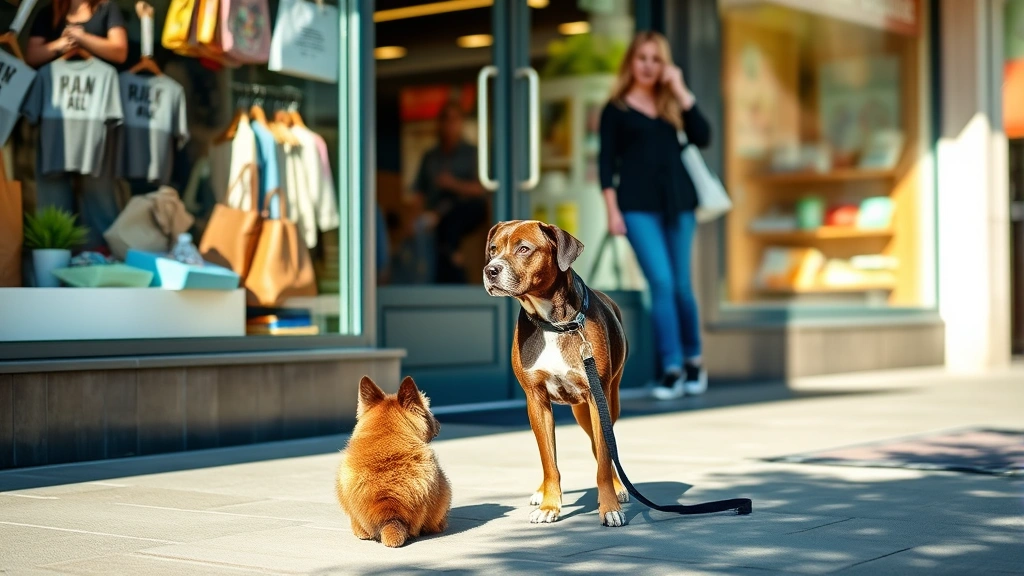 A well-behaved leashed dog standing outside a retail store entrance, waiting patiently while owner shops inside, sunny day