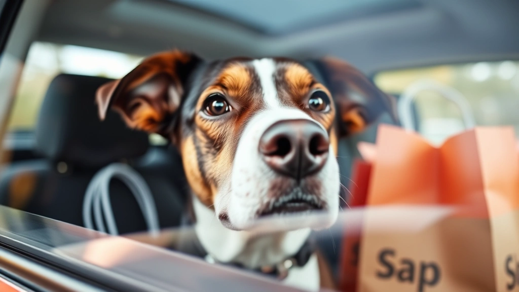Close-up of a dog's face looking through a car window with shopping bags visible in the back seat