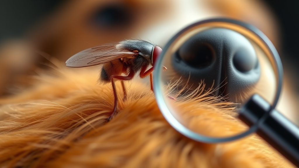 Close up of dog flea on fur with magnifying glass examination, no text no words no letters