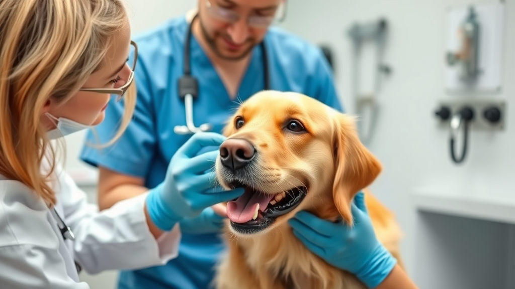 Veterinarian examining happy golden retriever for fleas in bright clinic, no text no words no letters