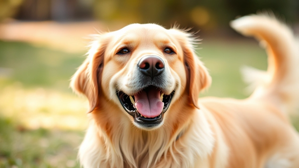 Golden retriever with open mouth smile and soft eyes during playtime, relaxed happy expression, outdoor setting with natural lighting