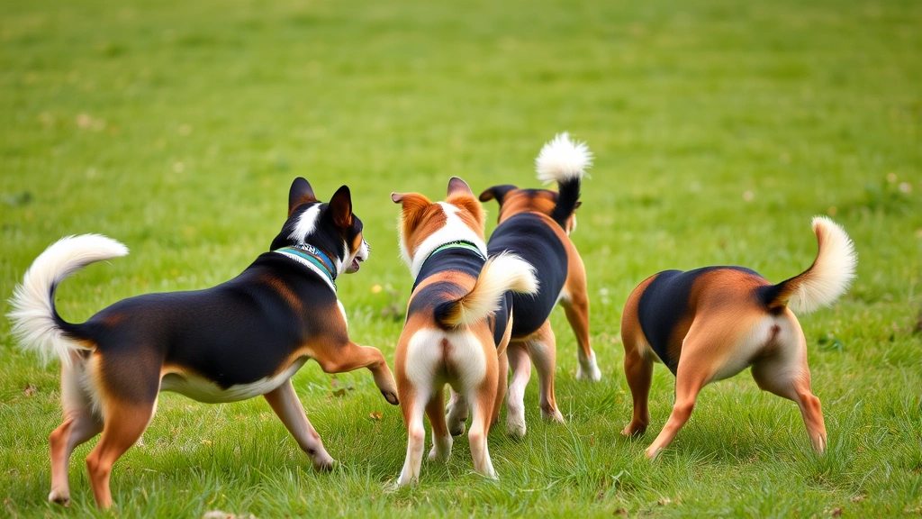 Multiple dogs playing together in grassy field, dynamic interaction with relaxed body language, tails in motion, natural outdoor scene