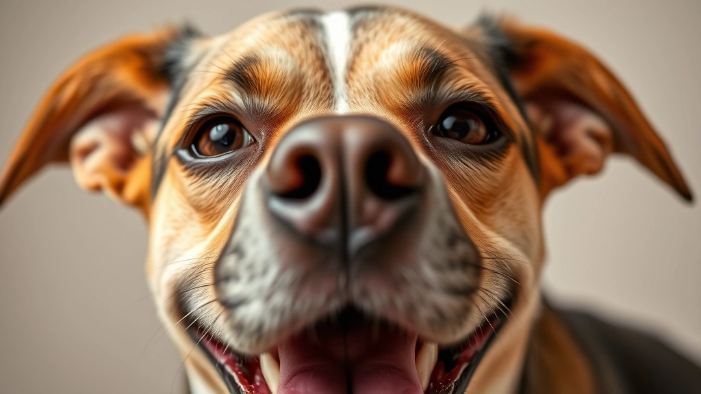 Close-up of a dog's face showing genuine happiness with soft eyes, gentle smile, and relaxed facial features against neutral background
