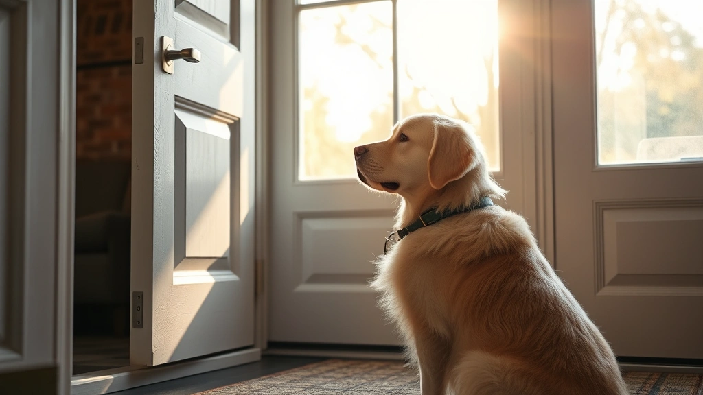 Golden retriever sitting by front door looking out window with afternoon sunlight streaming through glass panes, alert and waiting