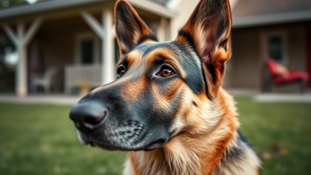Close-up of German Shepherd's face showing focused expression while sitting in grassy yard with blurred house background