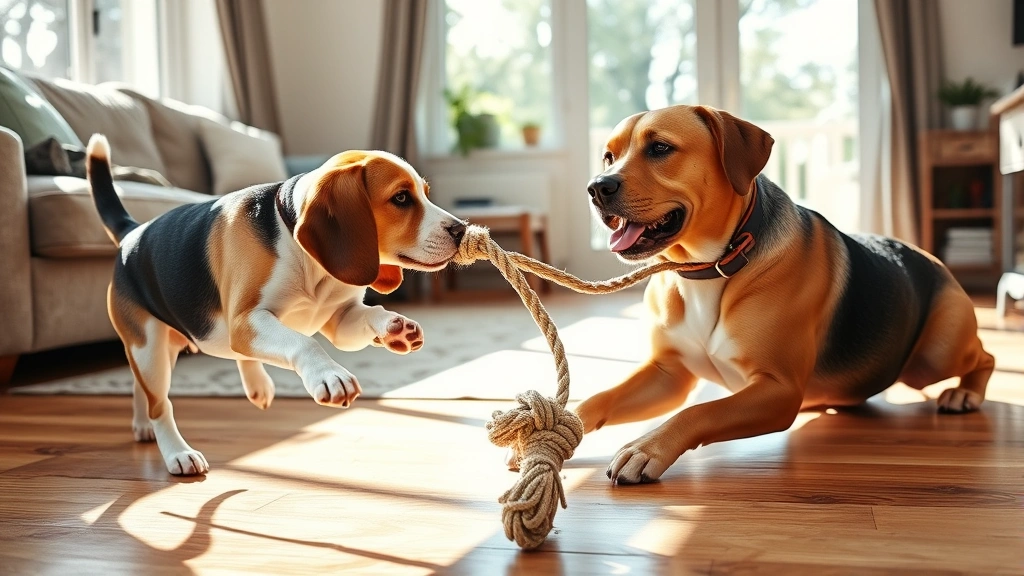 Beagle and Labrador playing tug-of-war with rope toy in living room with natural window light casting shadows on wooden floor