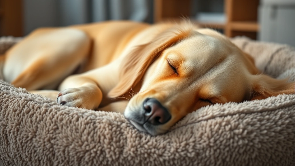 Golden Retriever peacefully napping on a plush dog bed indoors, eyes gently closed, relaxed posture, soft natural lighting