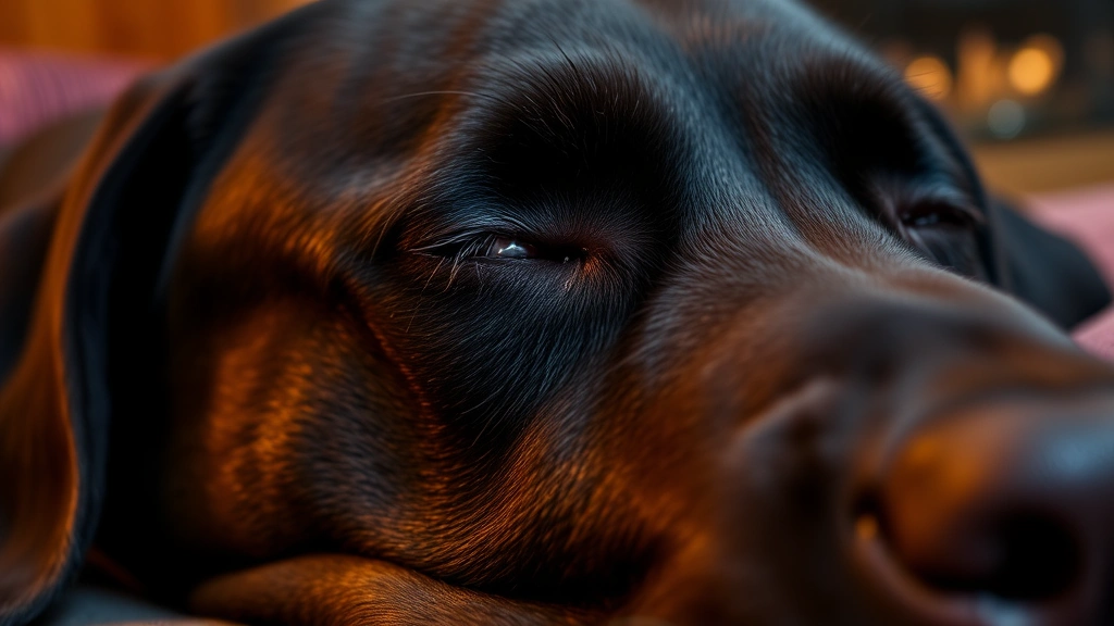 Close-up of a sleeping Labrador's face showing partially open eye with visible third eyelid, calm expression, warm indoor setting