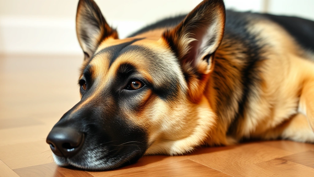 German Shepherd resting on hardwood floor in alert but relaxed position, one eye slightly open, alert ears, natural daylight