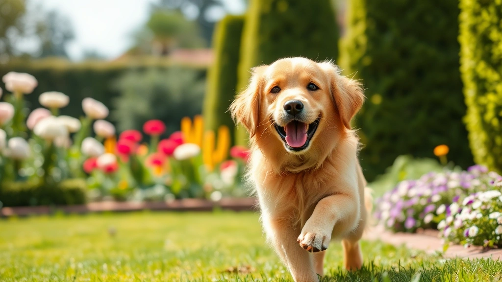 Fluffy golden retriever playing fetch in a manicured garden with blooming flowers and green hedges, joyful expression, bright sunny day