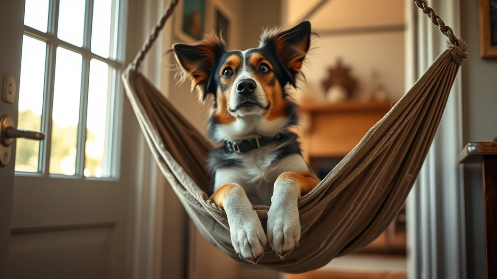 Dog suspended in a grooming hammock in a home doorway, relaxed expression, paws hanging gently, warm natural lighting from window