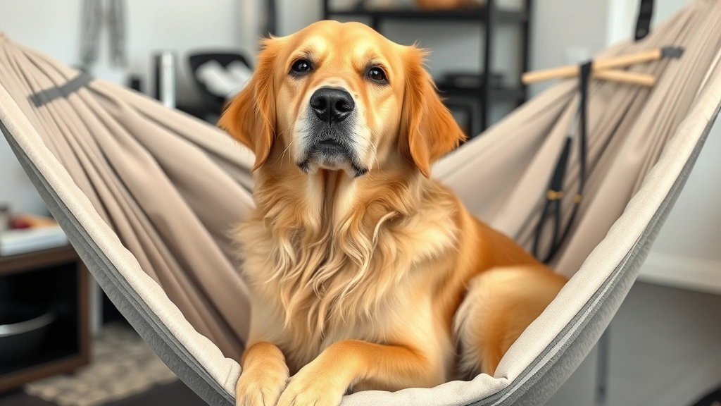 Golden retriever sitting in a grooming hammock with a calm, content expression, soft fabric support visible, indoor grooming setup with tools nearby