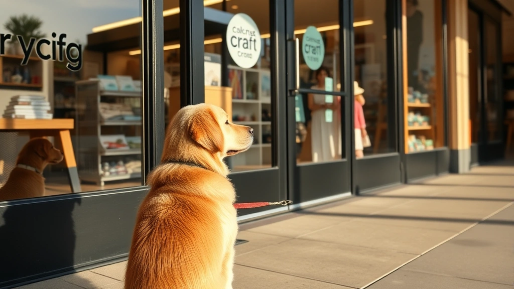 Golden retriever waiting patiently outside a craft store entrance, looking through glass doors, sunlight reflecting off windows, leashed and calm