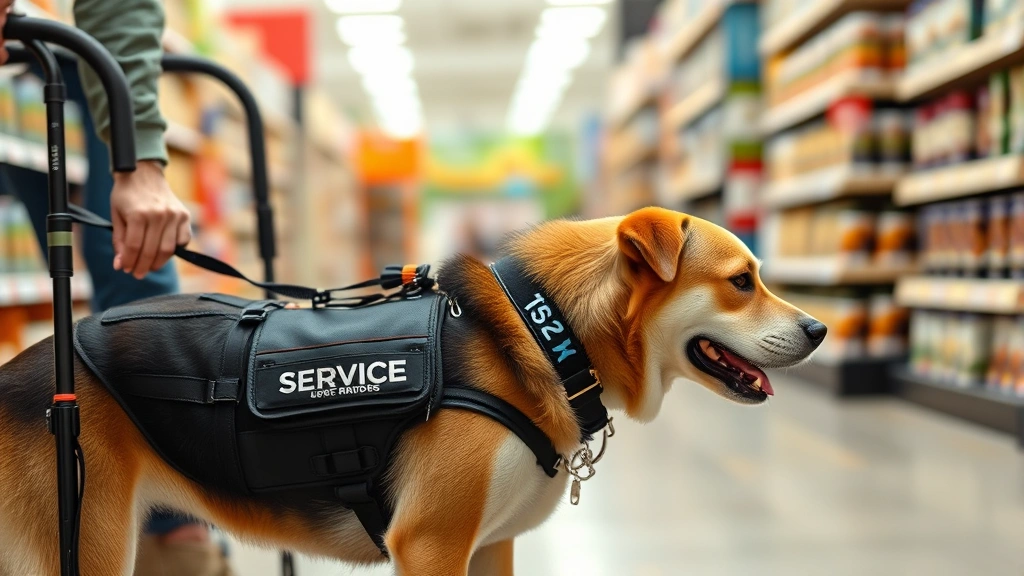 Well-behaved service dog wearing official vest walking alongside person with mobility aid through retail store aisle, focused and attentive