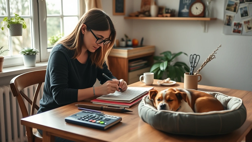 Pet owner with small dog at home working on craft project at table, dog sleeping peacefully on nearby dog bed, daylight from window