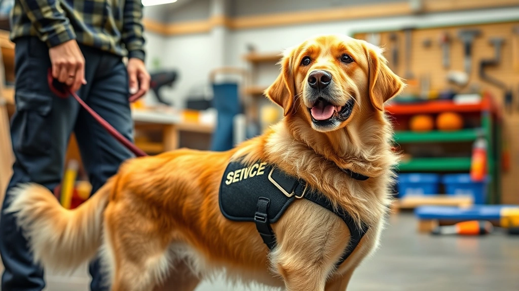 Golden retriever wearing official service dog vest, standing alert next to a person in a bright home improvement warehouse setting with tools visible in background