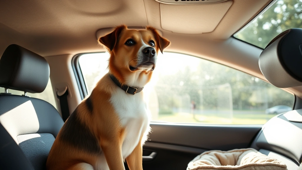 Well-behaved dog sitting patiently in a clean car interior with window cracked open, sunny day outside, comfortable dog bed visible