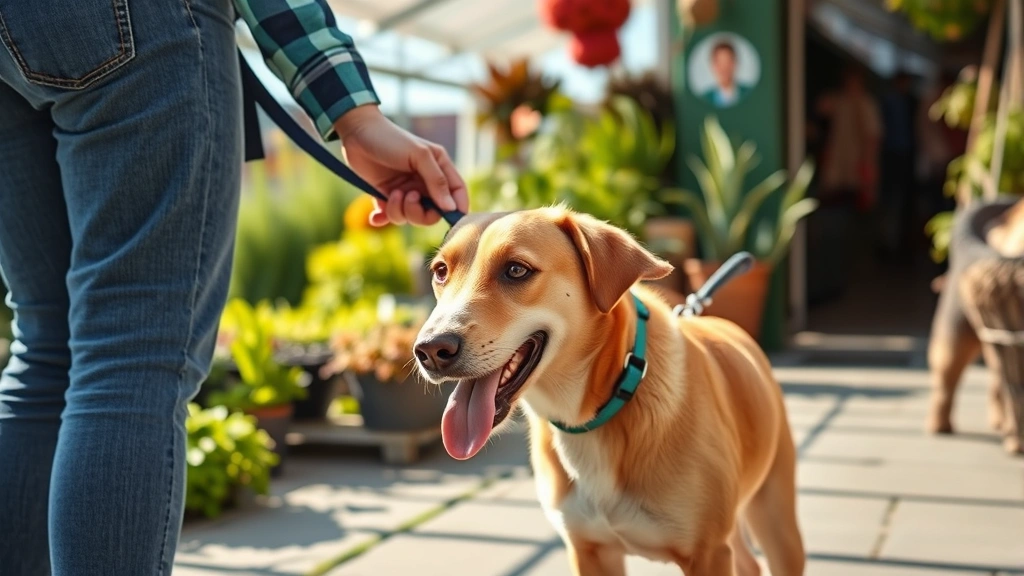Friendly dog on leash being petted by customer at an outdoor garden center or pet-friendly retail location, sunshine and greenery visible