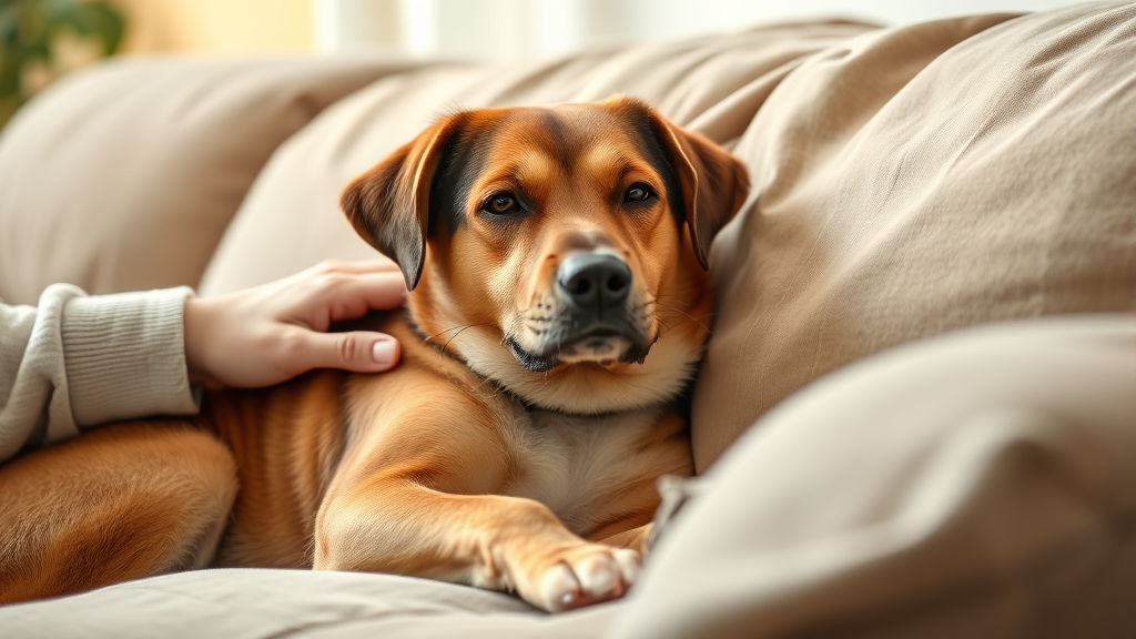 Gentle hands petting calm dog on comfortable couch, soft indoor lighting, peaceful domestic scene, no text no words no letters