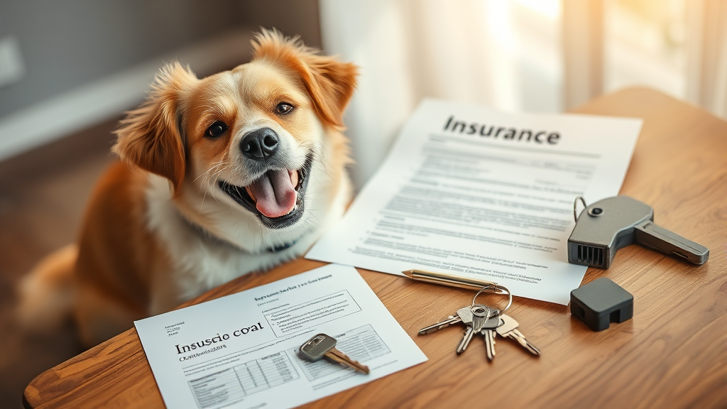 Friendly dog sitting next to insurance documents and house keys on wooden table, warm lighting, no text no words no letters
