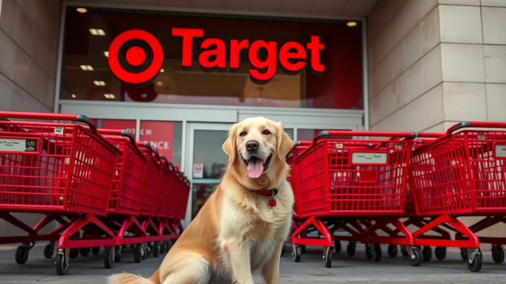 Golden retriever sitting outside Target store entrance with red shopping carts, no text no words no letters