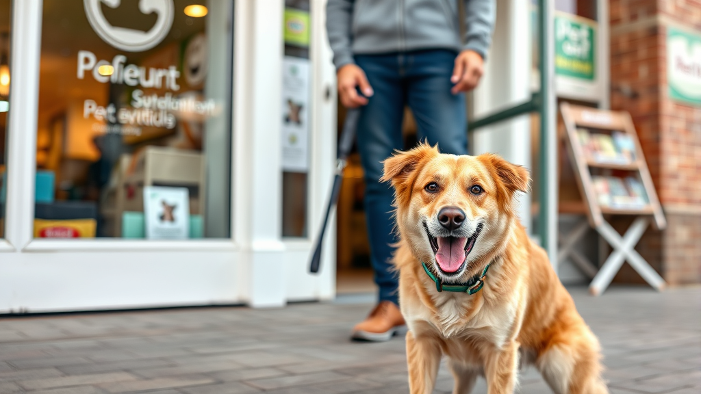 Happy dog owner with leashed pet outside pet-friendly store entrance, no text no words no letters