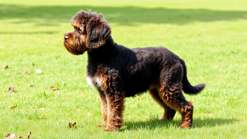 Adult Cavapoo standing in profile on grass, showing full body and size proportions, photorealistic