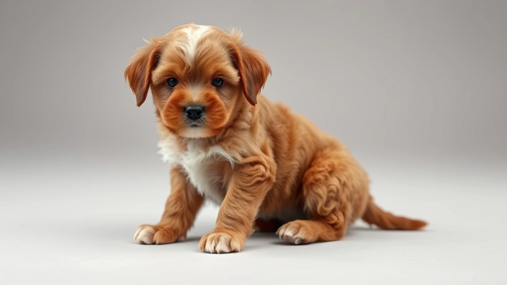 Cavapoo puppy sitting next to adult hand for size comparison, demonstrating small scale, photorealistic