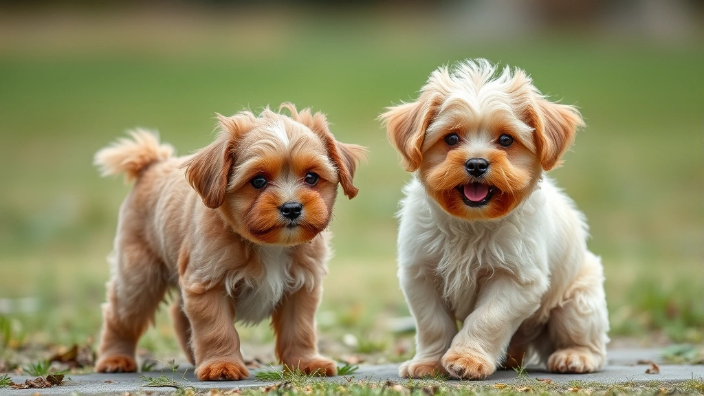 Two Cavapoos of different sizes playing together outdoors, showing size variation within breed, photorealistic