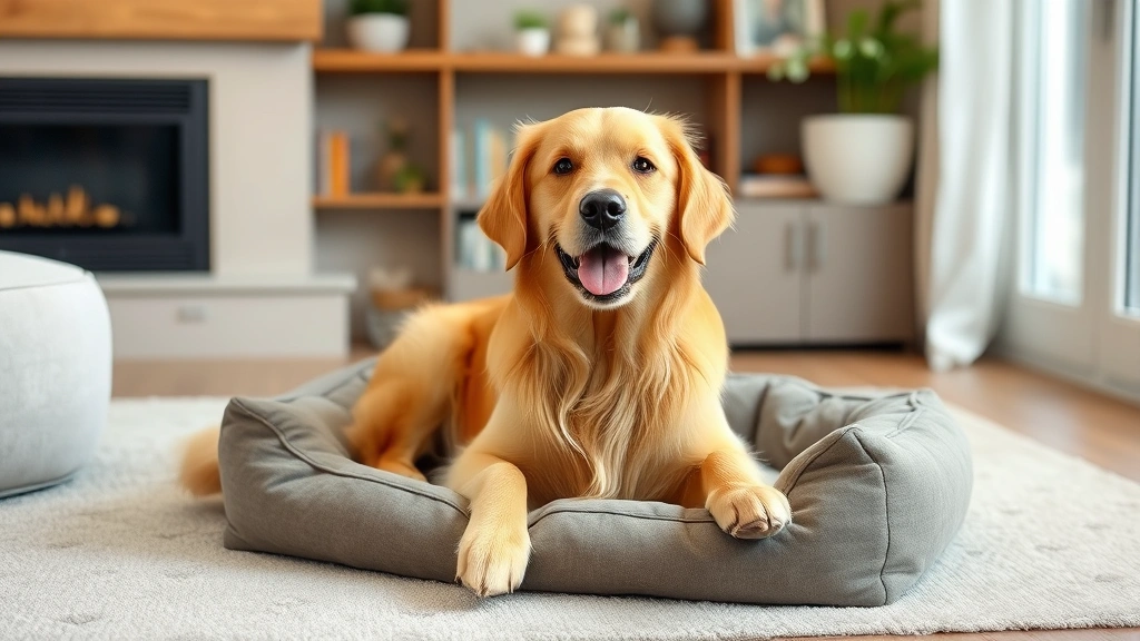 Golden retriever sitting contentedly on a comfortable dog bed in a living room, looking relaxed and happy