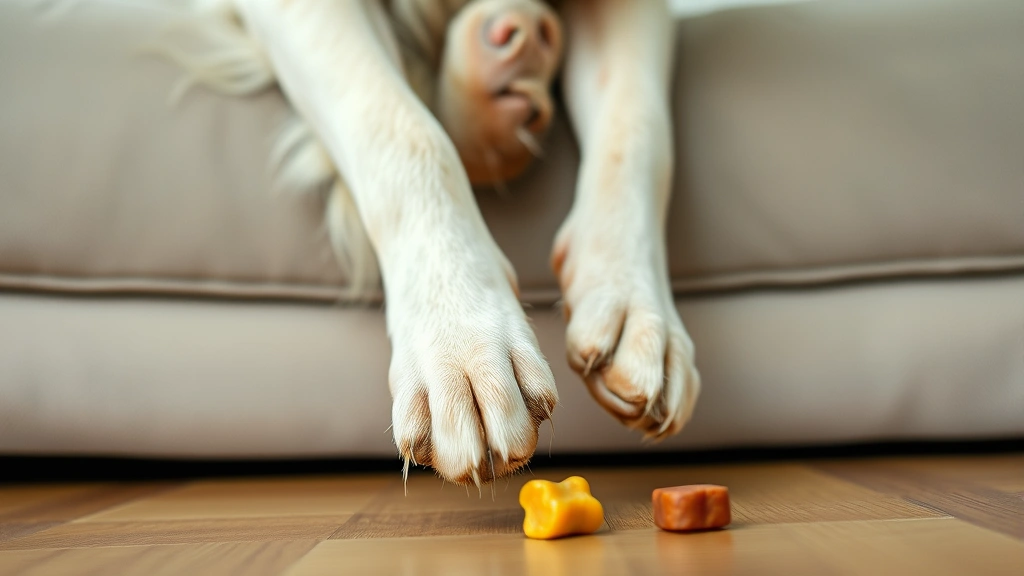Close-up of a dog's paws stepping down from a couch cushion toward the floor with a treat reward visible