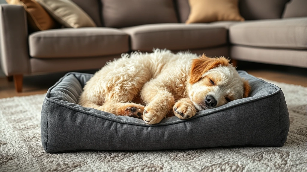 Fluffy dog curled up peacefully on an orthopedic dog bed placed near a living room sofa, completely satisfied