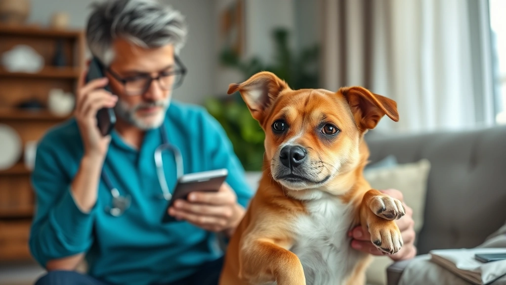 A concerned dog owner on phone with veterinarian in background, holding small dog showing signs of distress in home environment