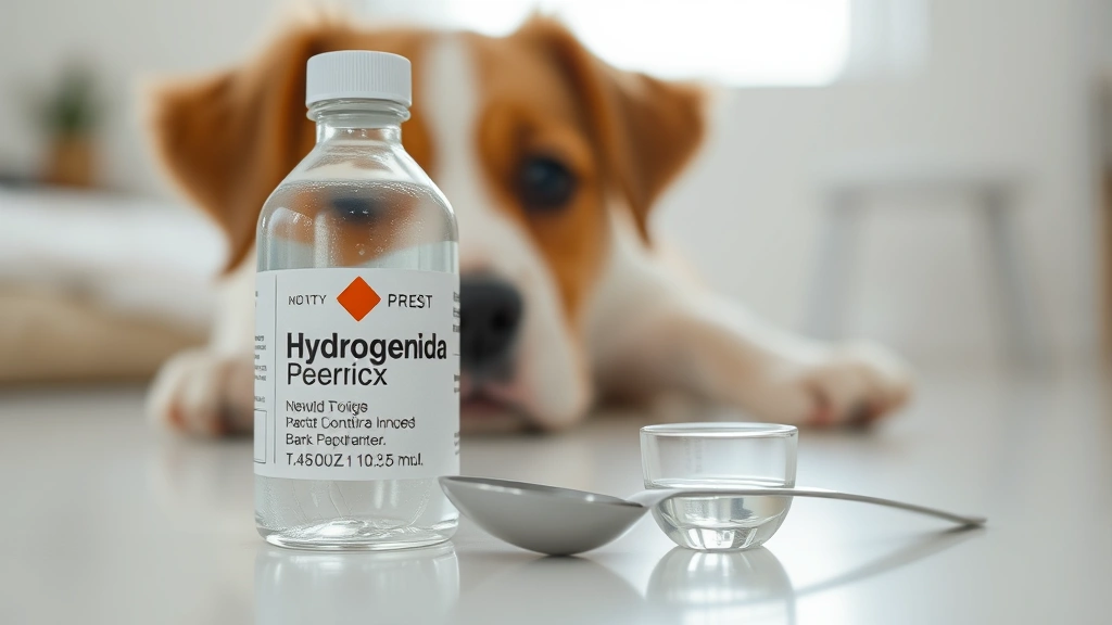 Close-up of hydrogen peroxide bottle and measuring spoon on clean white surface with blurred dog in background