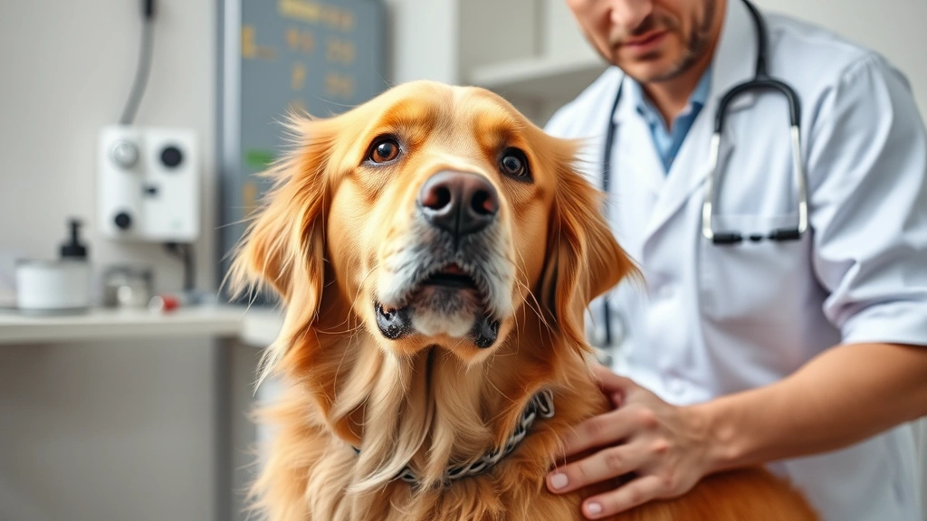 Golden retriever in veterinary clinic being examined by professional vet with stethoscope, owner standing nearby with worried expression