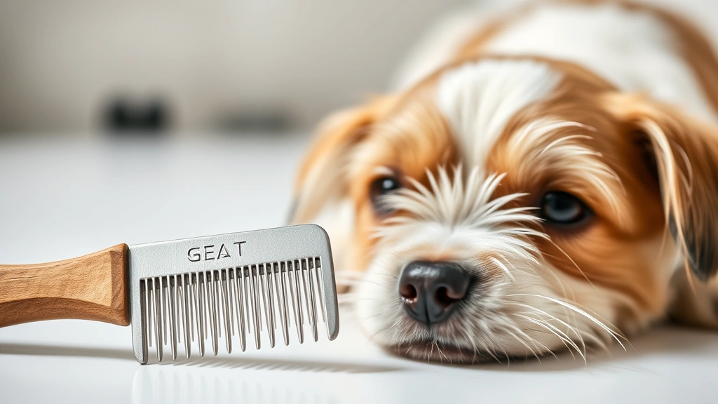 Macro photograph of a fine-toothed flea comb resting on a white surface next to a small dog, ready for grooming inspection