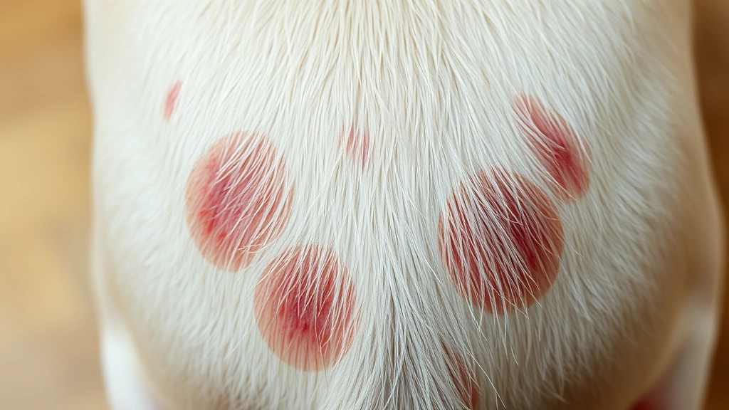 Detailed view of a dog's skin with visible red irritation and hair loss patches on the rear end and base of tail area