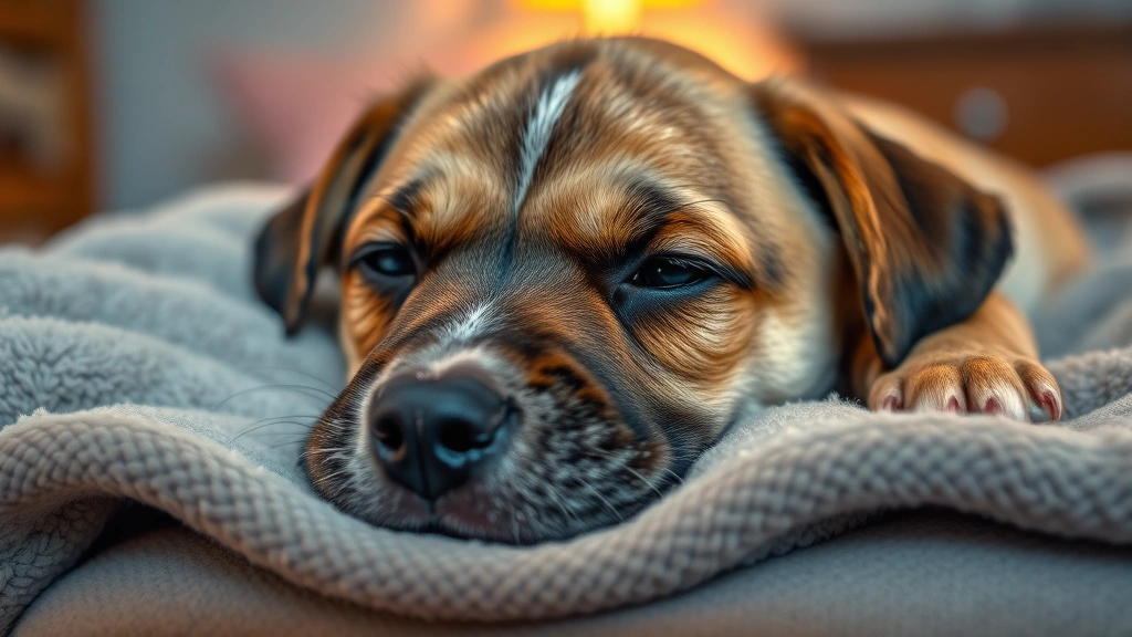 Close-up of a sick puppy lying on a soft blanket, looking tired and unwell with droopy eyes, indoors with warm lighting