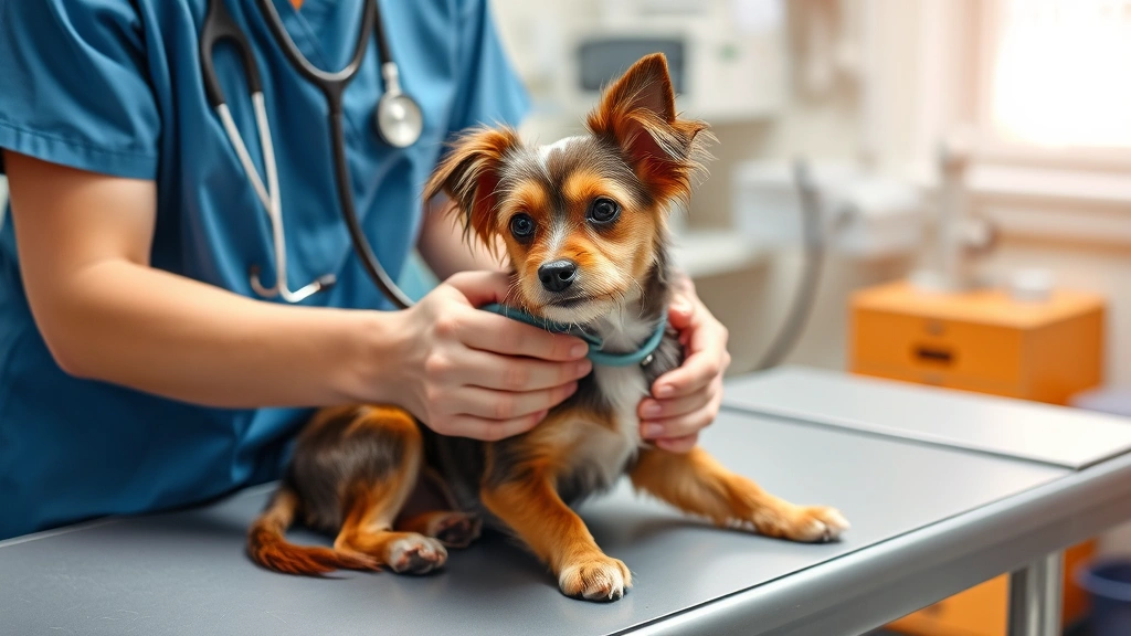 Veterinarian examining a small dog on an examination table with stethoscope, professional clinic setting with medical equipment
