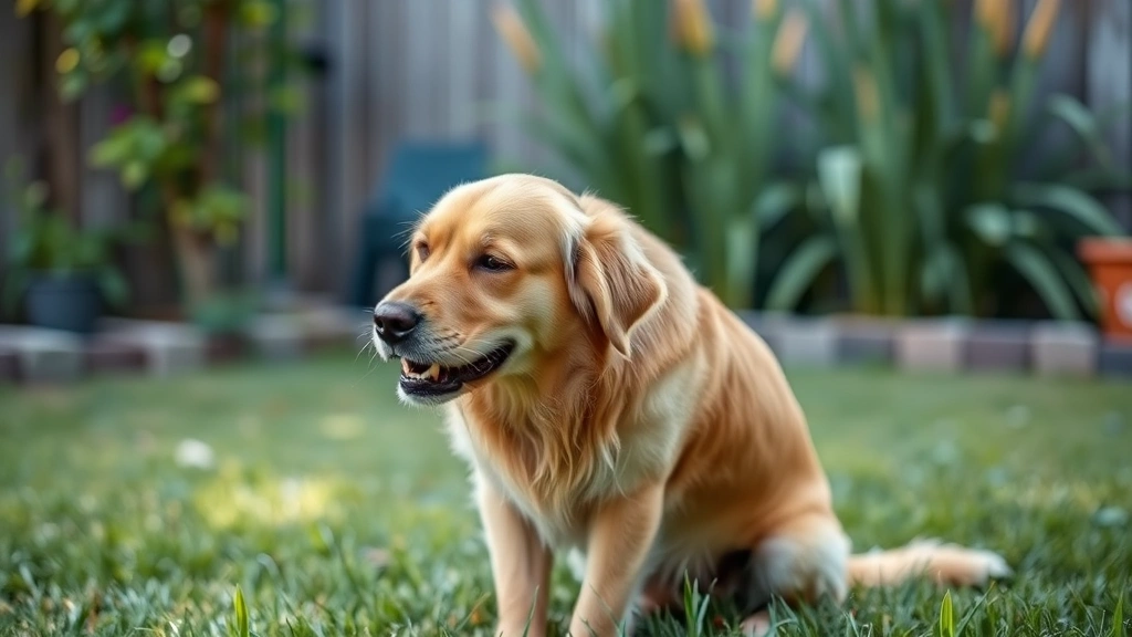 Golden Retriever dog straining in backyard grass during bathroom break, uncomfortable posture, morning light