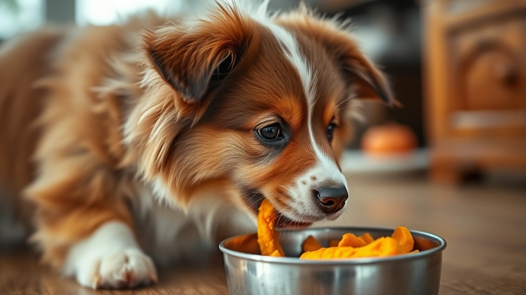 Fluffy brown and white dog eating canned pumpkin from a bowl indoors, focused expression, warm lighting