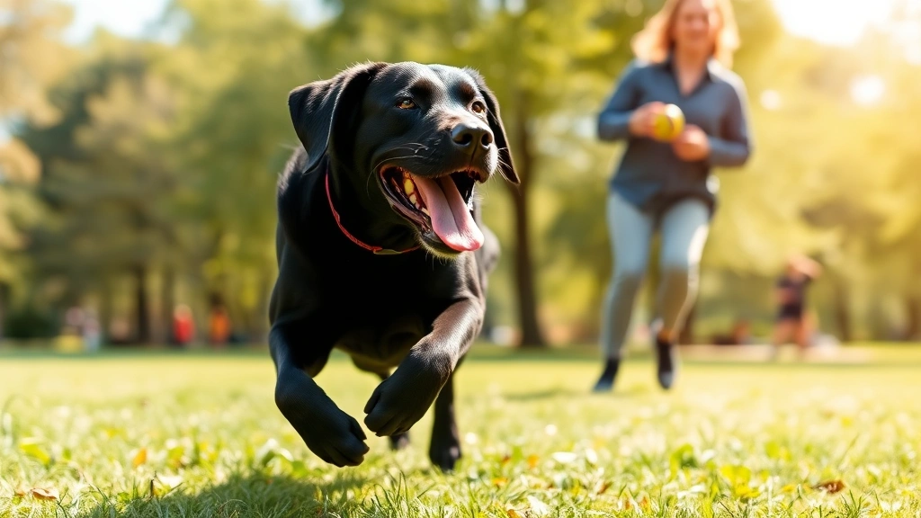 Energetic black Labrador running through park with owner throwing ball, joyful movement, sunny day
