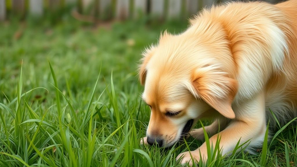 Golden Retriever straining uncomfortably in grass, showing signs of digestive distress and discomfort during bathroom break