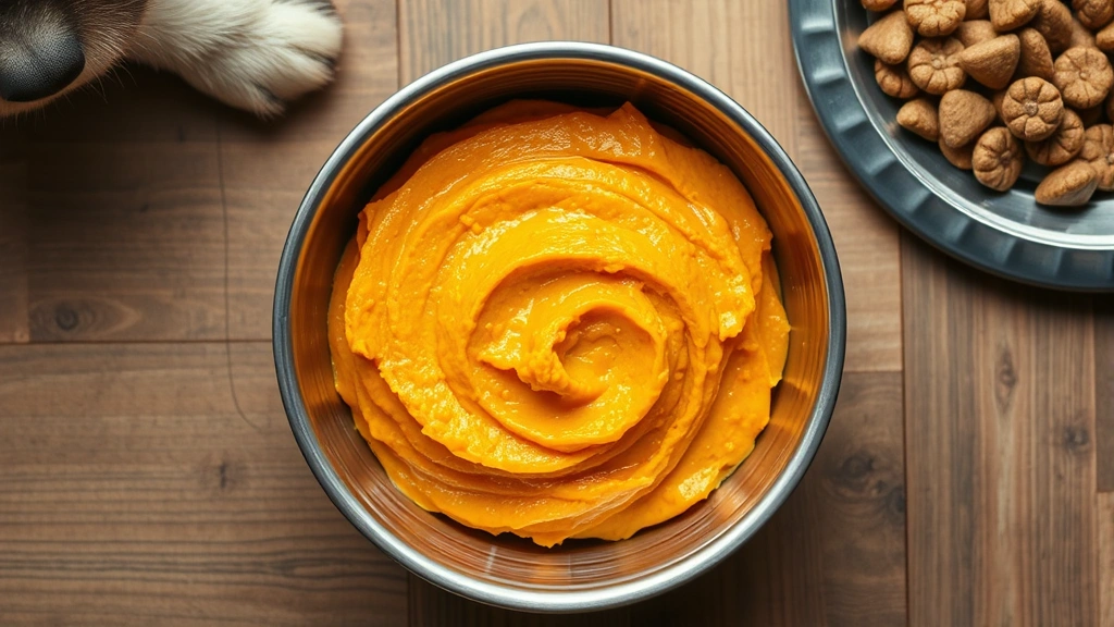 Overhead view of pumpkin puree in metal bowl next to dog food bowl, showcasing natural fiber remedy for constipation